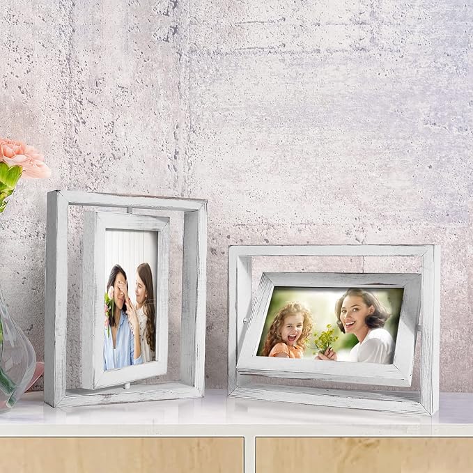 Egofine 2 Pack 4x6 Rotating Floating Picture Frames,Double-Sided Display with HD Glass Front Wooden Distressed Frame for Vertical or Horizontal Tabletop Display, White