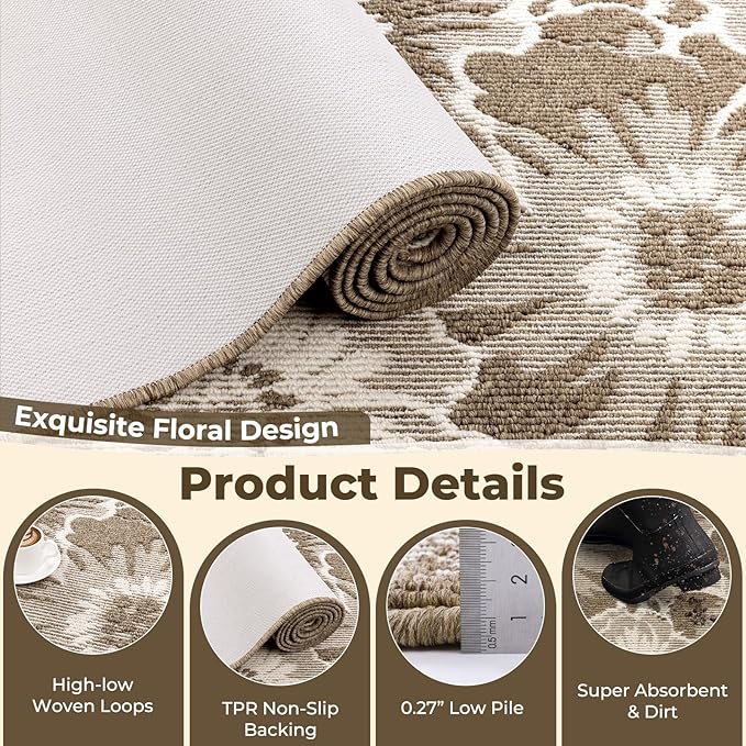 Findosom Hallway Runner Rug 2x6, Non Slip High-Low Textured Floral Washable Runner Rug with Rubber Backing, Boho Carpet Runner for Kitchen, Entryway, Bedroom, Laundry, Brown