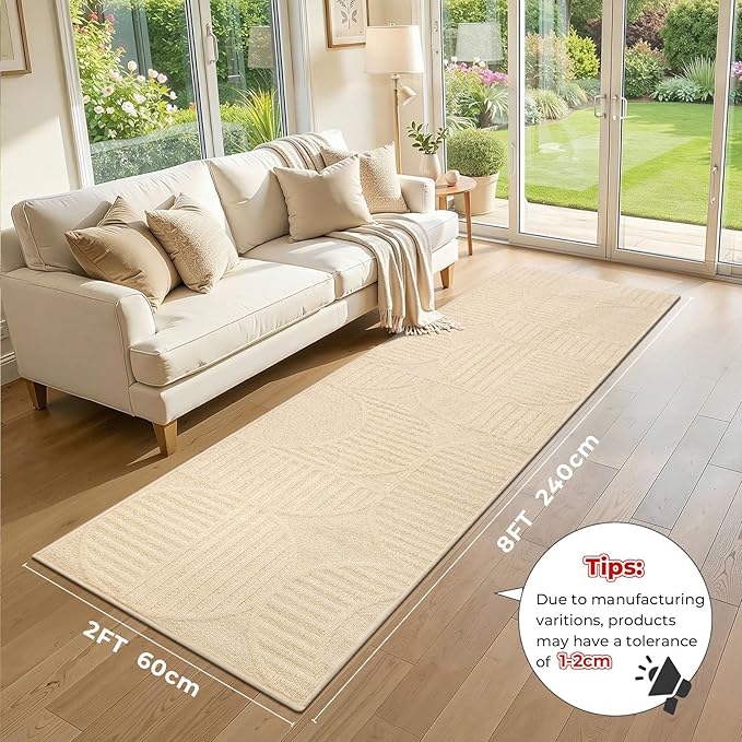 Findosom Washable Runner Rug 2x8, Geometric High-Low Textured Non Slip Hallway Runner Rug with Rubber Backing, Boho Carpet Runner for Kitchen, Bedroom, Laundry, Entryway, Bathroom, Beige