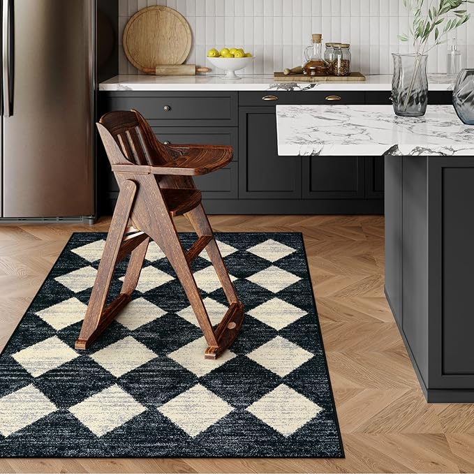 Lahome Zelie Machine Washable Area Rugs for Bedroom Aesthetic, 4x6 Soft Living Room Area Rug Non Slip Entryway Rugs, Moroccan Trellis Printed Black and White Indoor Kitchen Carpet for Bedside Office