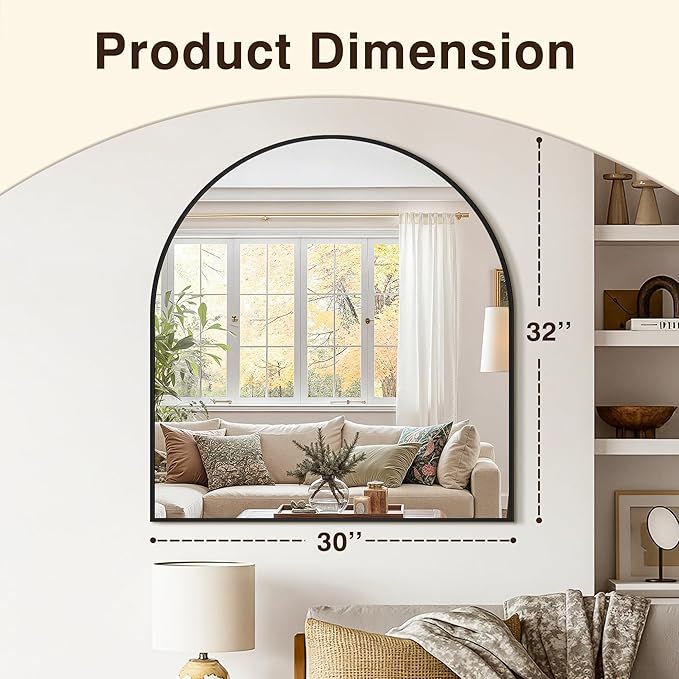 Vanity Bathroom Mirror for Wall, 32”x30” Arched Bathroom Mirror for Over Sink, Arched Metal Frame for Bedroom, Living Room, Entryway, Hanging or Leaning, Black