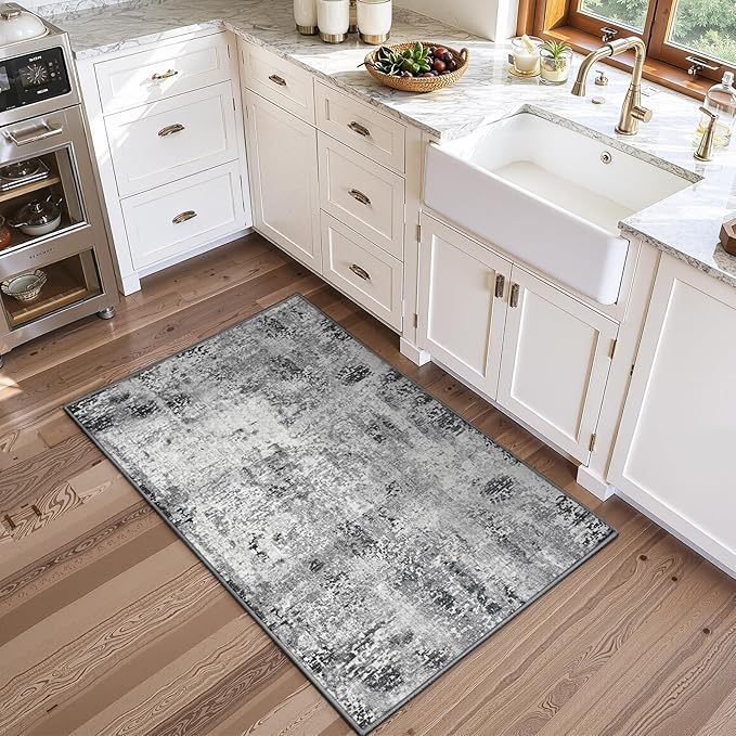 Entrance Rugs Indoor 2x4 Grey Entry Rug Washable Abstract Black Small Area Rug Non-Slip Low Pile Throw Rugs for Entryway, Kitchen Floor, Front Door Indoor Door Mat, Bathroom, Bedroom Bedside