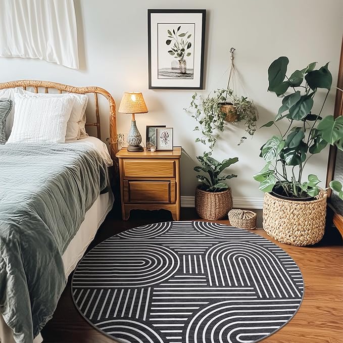ROYHOME Washable Rug 4ft Area Rugs for Living Room, Abstract Rug for Bedroom, Soft Rainbow Non Slip Throw Rugs with Rubber Back, Low Pile Stain Resistant Boho Geometric Carpet for Dining Room,Black