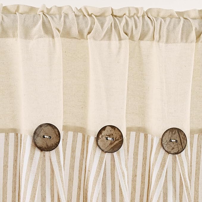 ASPMIZ Farmhouse Cotton Linen Swag Valances for Windows, Boho Kitchen Curtains Valances with Rustic Buttons, Khaki Striped Window Treatments Curtain Valance for Bathroom Cafe, 61 x 36 Inch, 1 Panel