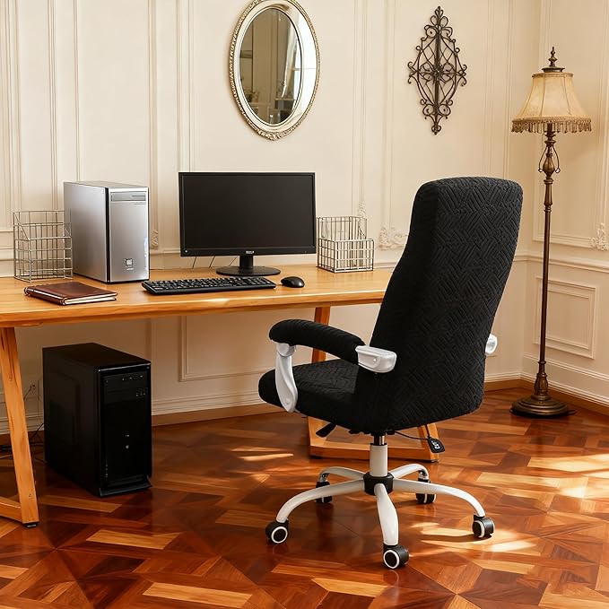 FORCHEER Large Office Chair Cover with Armrest Cover Black Jacquard Patterned Stretch Computer Chair Covers with Long Arm Rest Slipcovers Washable