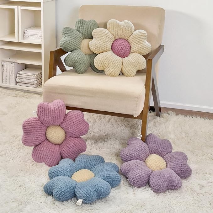 2 Pcs Lavender Decorative Throw Pillows, 15'' Cute Daisy Flower Shaped Pillow Floor Seating Cushion for Bed Couch Sofa Bedroom Room Dorm Decor (Lavender & Ivory)