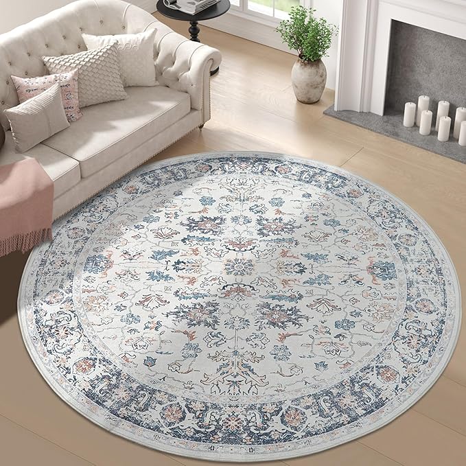 jinchan Round Rug 8ft Area Rug - Washable Boho Vintage Floral Circle 8' Round Floor Cover Lightweight Low Pile Thin Throw Non-Slip Carpet for Kitchen Living Room Bedroom Dining Room Office Grey Multi