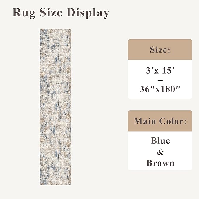 3x15 Ft Long Hallway Runner Rug - Non-Slip Washable Kitchen Runner Rug with Rubber Backing | Modern Abstract Wide Floor Carpet Runner for Indoor Entryway, Bedroom, Living Room（Blue Brown）
