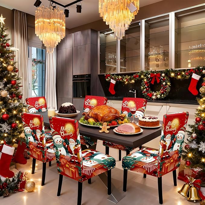 Christmas Chair Covers, Stretch Dining Room Chair Covers Set of 6, Christmas Decoration/Home Decor Chair Protector Slipcovers