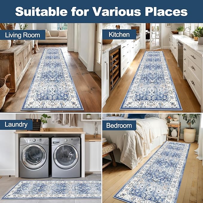 LOKHOM Washable Runner Rug, 2x8 Non-Slip Vintage Hallway Runner Rug with Rubber Backing, Boho Floral Soft Faux Wool Kitchen Rug Carpet Runner for Laundry Entryway Bedroom (Sky Blue)
