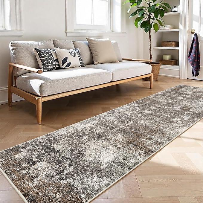 2x10 Washable Hallway Runner Rug – Non-Slip Stain-Resistant Low-Pile Long Carpet Runner for Kitchen Entryway Living Room Bedroom Bathroom, Modern Abstract Neutral (Brown Beige,2x10)
