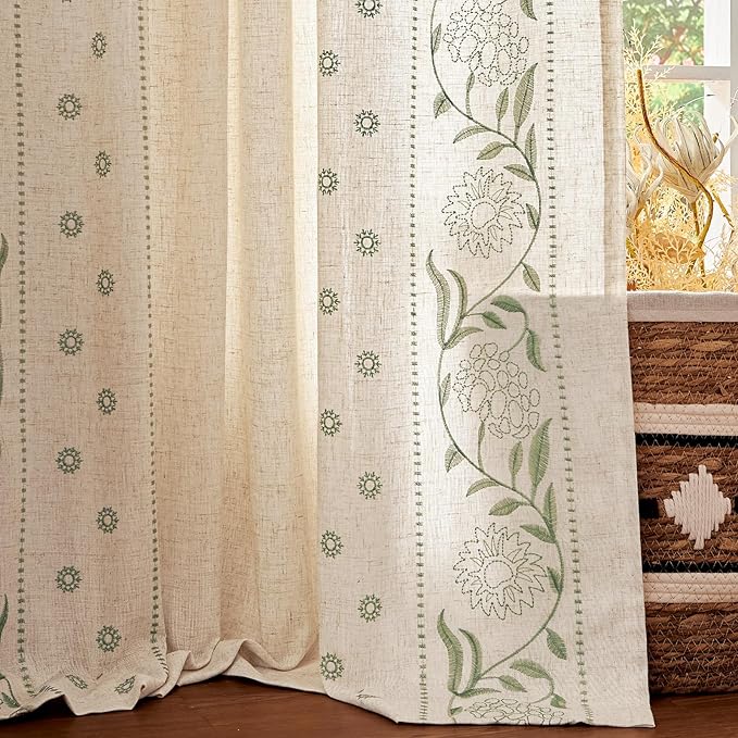jinchan Winslow Lined Linen Curtains for Bedroom 63 Inches Linen Blended Embroidered Bordered Floral Curtains for Living Room Farmhouse Decor Window Treatments Sage on Beige Drapes 2 Panels