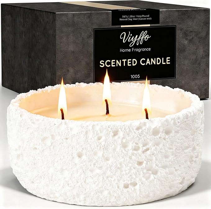Viyffo 3 Wick 20oz Large White Scented Candle – Vanilla Dreamscape, Non Toxic Soy Candle in Matte Ceramic Jar, Perfect for Luxury Home Fragrance, Elegant Spring Décor & Premium Gift