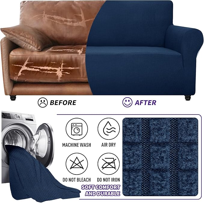 ZNSAYOTX Super Stretch Couch Cover Love Seat Sofa Covers for Living Room Dogs Pet Friendly Furniture Protector Spandex Loveseat Slipcovers with Anti Slip Foam Sticks (Navy Blue, Loveseat)