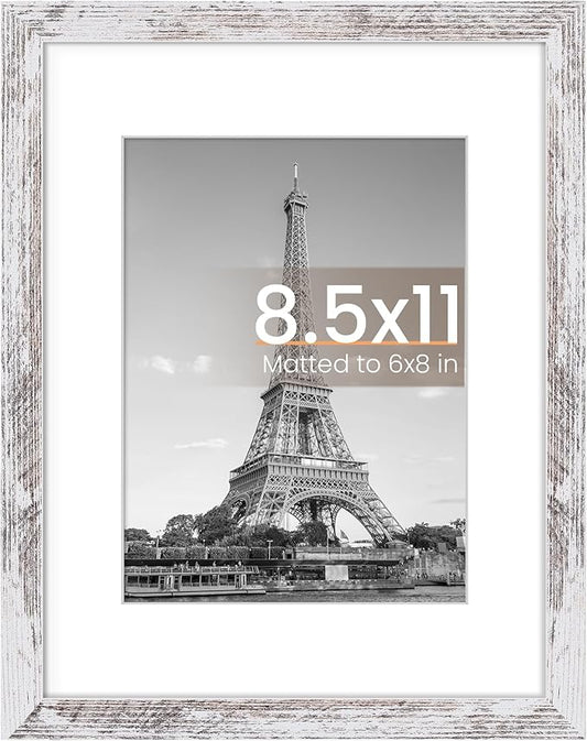 upsimples 8.5 By 11 Picture Frame, Display Pictures 6x8 with Mat or 8.5 x 11 Without, Wall Hanging Photo Frames, Rustic White, 1 Pack