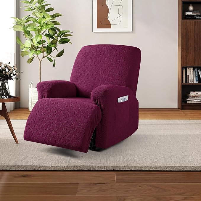 VANSOFY Oversized Recliner Chair Cover, 4-Pieces Stretch Recliner Covers for Recliner Chair Soft Reclining Chair Slipcover Jacquard Pattern Furniture Protector for Dogs Cats(Burgundy)