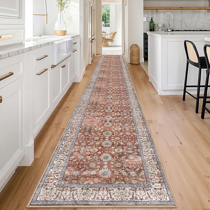 KUTA Vintage Washable Long Runner Rug, 2.6x18 Red Clay Runners for Hallways Non-Slip Kitchen Rugs Ultra Thin Soft Printed Distressed Floral Floor Carpet for Laundry Bedroom Living Room Nursery