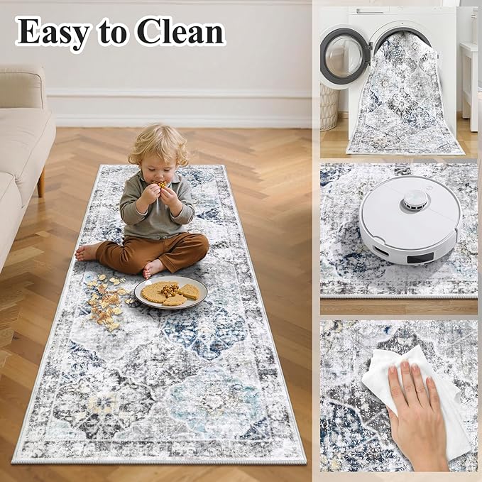 Ileading Washable Hallway Runner Rugs, 2x6 Non Slip Runners Area Rug for Entryway Kitchen Bathroom Bedroom Laundry Living Room, Long Narrow Low-Pile Floor Carpet Boho Vintage Throw Mat for Kids Room