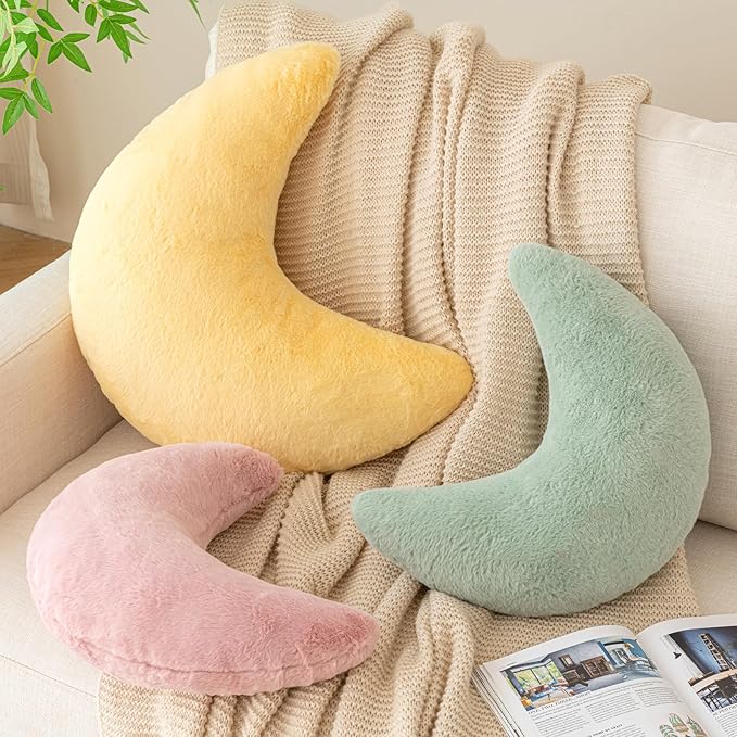 Moon Pillow, Decorative Throw Pillows with Soft Faux Rabbit for Bed Couch, Moon Shaped Pillows Plush Floor Cushions Room Decor Pillow for Sofa Bedroom Living Room