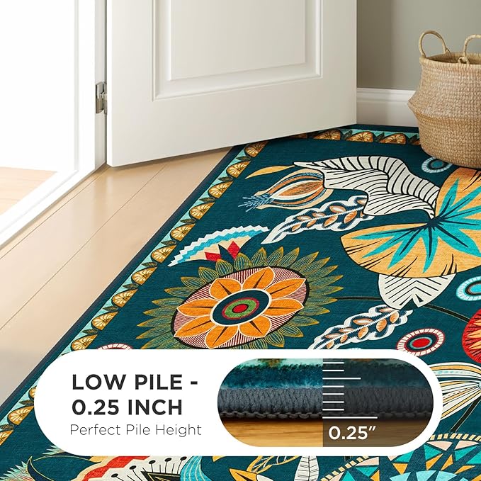 Joydeco Egypt Floral Boho Large Area Rugs for Living Room Nursery, Washable Dark Green Bedroom Rug 8x10 Under Bed, Vintage Non Slip Indoor Throw Carpet for Playroom Dining Room Dorm
