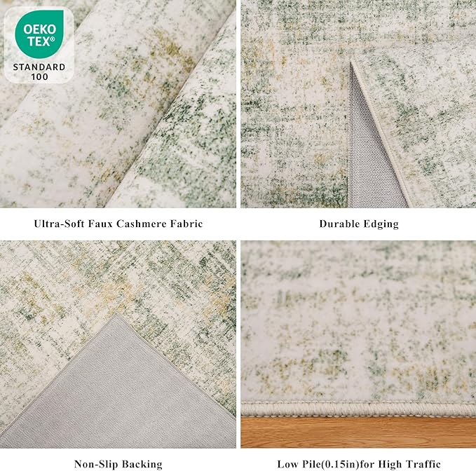 3x6 Washable Wide Runner Rug – Non-Slip Floor Carpet Runner for Kitchen Entryway Hallway Bathroom, Modern Abstract Low Pile Thin Area Rug (Sage Green)