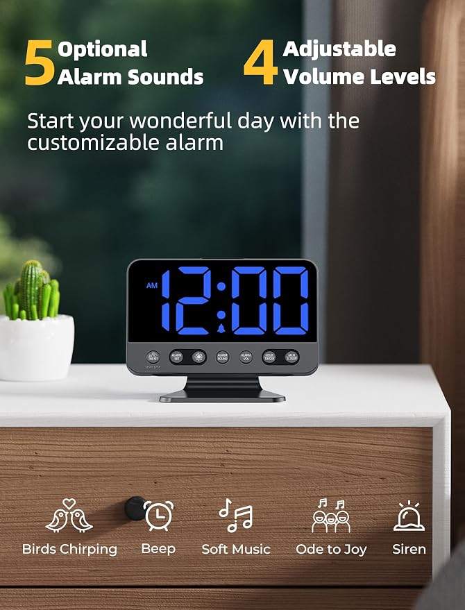 Odokee Digital Alarm Clocks for Bedrooms with Large Bold Number | Electric Desk Clock with Night Light & Brightness Dimmer - Loud Alarm for Heavy Sleepers with Adjustable Volume - Blue - Image 3