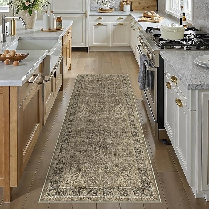 2x6 Washable Runner Rug Brown Vintage Non Slip Soft Low Pile Hallway Kitchen Rug Distressed Oriental Carpet for Laundry Bathroom Bedroom Living Room Home Decor