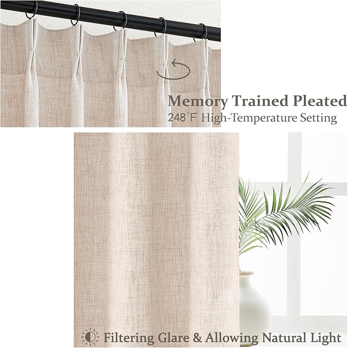 Pinch Pleat Linen Sheer Curtains 90 Inches Long for Living Room, Elegant Boho Thick Burlap Pleated Memory Trained Viral Curtain Kid Room/Office 2 Panel Set Light Filtering Privacy 90 Inch Length Taupe
