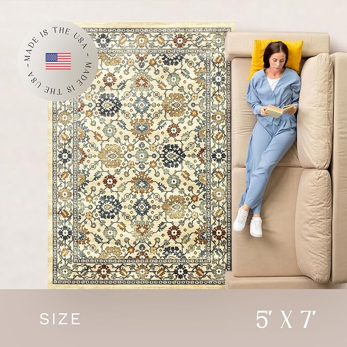 Maples Rugs Benton Oriental Area Rugs – Made in USA – Low Pile, Non Slip Pet–Friendly Mat for Bedroom, Office, Living & Dining Room, 5' x 7', Beige