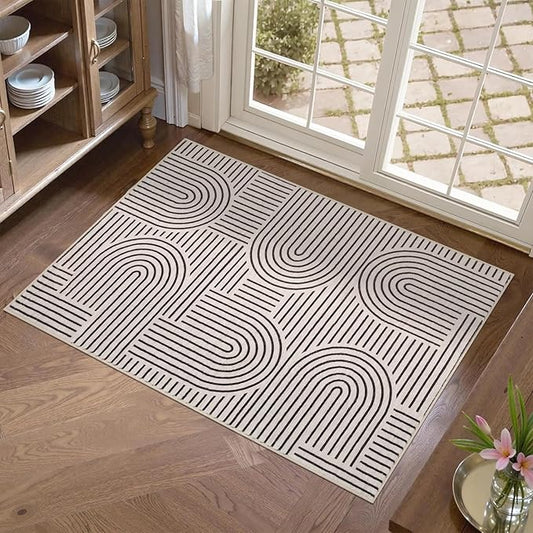 Washable Rug 2x3 Area Rugs for Entryway, Abstract Rug for Bedroom, Soft Rainbow Non Slip Small Area Rug with Rubber Back, Low Pile Stain Resistant Boho Geometric Carpet for Dining Room, LightCamel