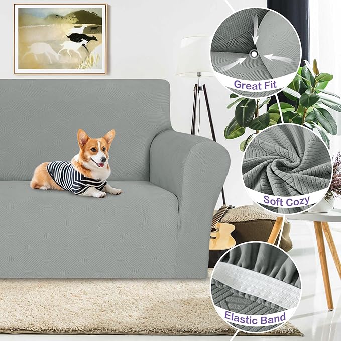 ZNSAYOTX Oversized Super Stretch Couch Cover (92"-115"), New Striped Sofa Covers Comfortable & Durable, Dog Cat Pets Friendly Extra Large Spandex Sofa Slipcovers (Light Grey, XL Sofa)