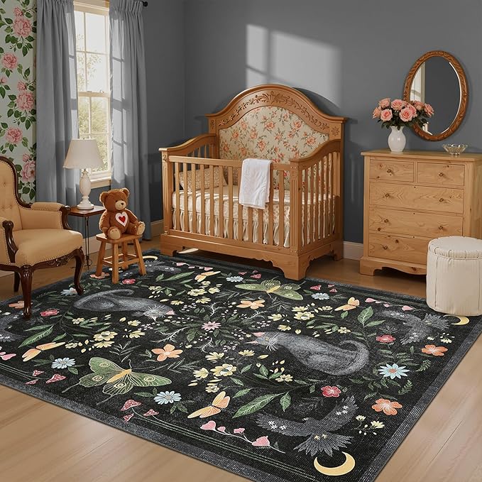 GarveeHome 4x6 Cat Washable Area Rug for Nursery Room, Mushroom Floral Black Bedroom Rug Non Slip Low Pile Butterfly Carpet Stain Resistant Throw Rug for Dorm Kids Room Office Dining Room