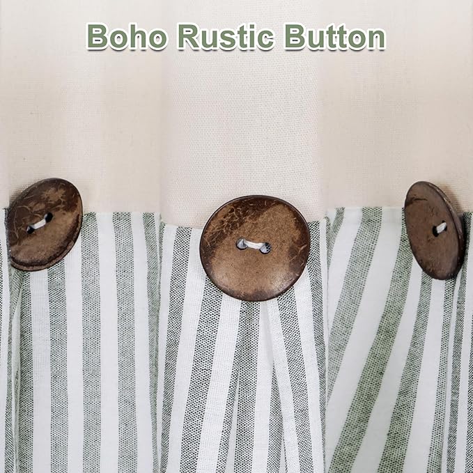 ASPMIZ Cotton Linen Kitchen Curtains Valance, Boho Rustic Button Valances for Windows Farmhouse Style, Green Stripe Window Valances for Bathroom Cafe, Tie Up Valance for Kitchen Windows, 60 x 14 Inch