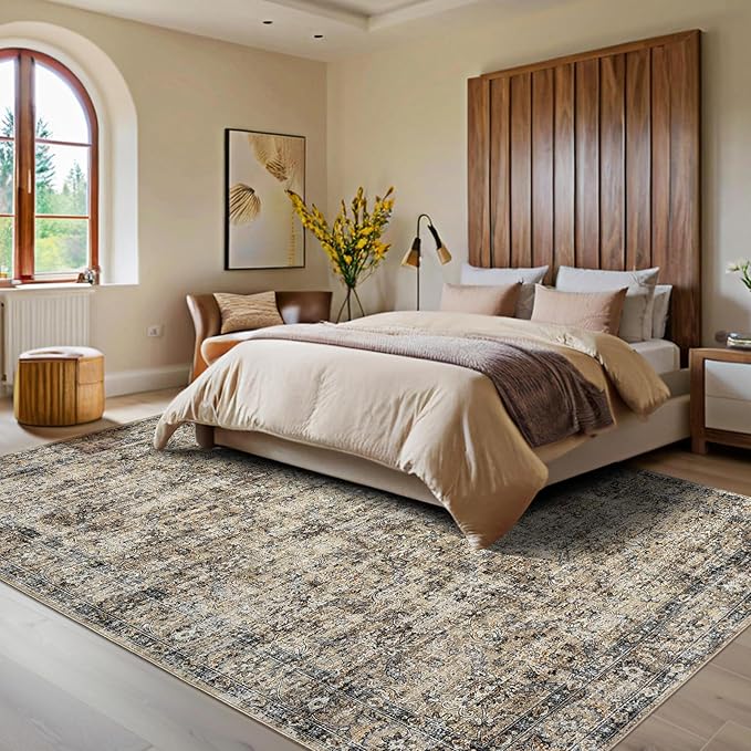 GarveeHome Area Rug 8x10 Washable Living Room Rug Non Slip Distressed Floor Cover Foldable Low Pile Traditional Accent Rug Floral Print Soft Throw Carpet for Bedroom Dining Room Office, Brown