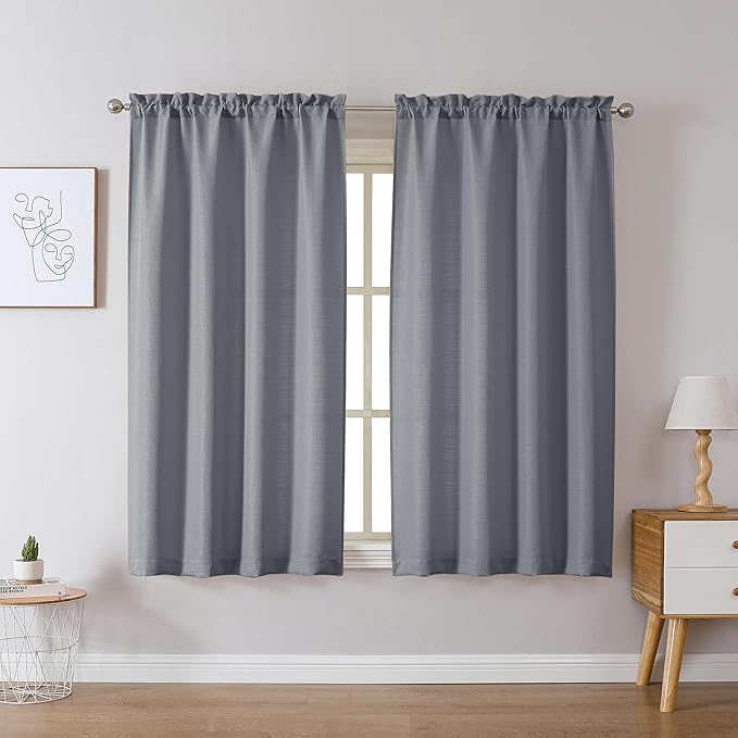 Chyhomenyc Dark Grey Curtains 45 Inch Length 2 Panels, Faux Linen Textured Semi Sheer Light Filtering Soft Airy Rod Pocket Window Treatment Drapes for Living Room Bedroom, Each 30" Wx45 L