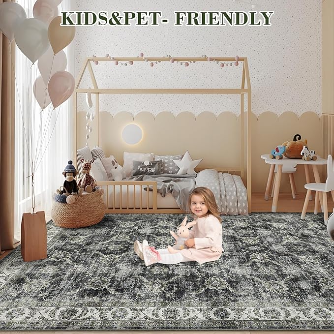 GarveeHome Washable Runner Rug 2x6 Vintage Carpet Runner with Non Slip Backing Foldable Non Shedding Retro Accent Rug Low Pile Distressed Throw Rug for Hallway Office Bedroom, Grey