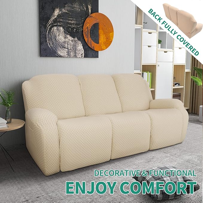 YEMYHOM 8 Pieces Stretch Recliner Sofa Cover Latest Jacquard Reclining Couch Cover with Side Pocket Anti-Slip Fitted 3 Cushion Furniture Slipcovers with Elastic Bottom (Sofa Recliner, Beige)