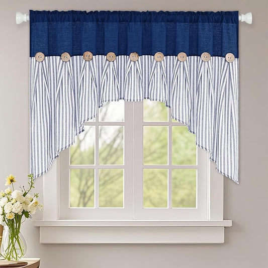 ASPMIZ Farmhouse Cotton Linen Swag Valances for Windows, Boho Rustic Kitchen Curtains Valances with Buttons, Blue Striped Window Treatments Curtain Valance for Bathroom Cafe, 61 x 36 Inch, 1 Panel