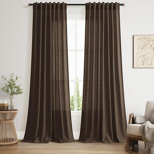 Nanspring Chocolate Linen Blend Light Filtering Back Tab Curtains 102 Inches Long, Semi Sheer Privacy Drapes for Living Room & Bedroom, 52x102 inch, 2 Panels