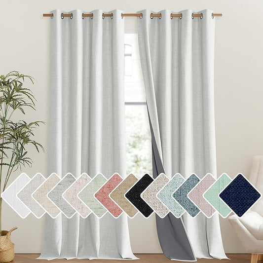 NICETOWN 100% Absolutely Blackout Linen Curtains with Thermal Insulated Liner, Greyish White, 52" Wide, 95" Length Energy Saving Curtains for Living Room 2 Panels Set, Vertical Blinds