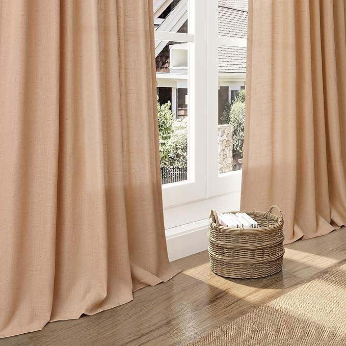 Camel Linen Curtains 120 Inch Extra Long for Living Room Back Tab Semi Sheer Light Filtering Drapes Modern Farmhouse Boho Decor Cotton Textured Curtain for Floor to Ceiling High Window 52x120