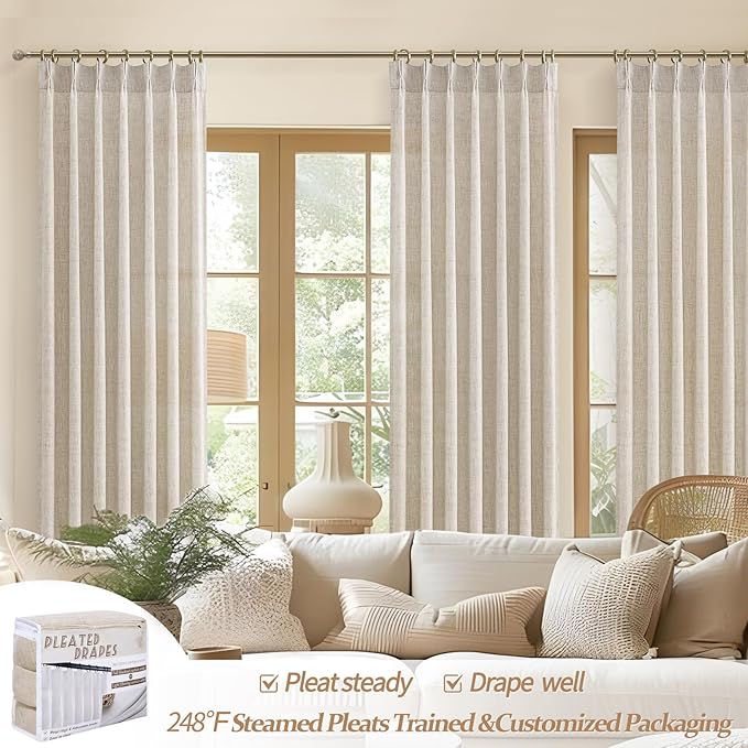 PleatedDrapes 96 Inch Curtains 2 Panel Set, Modern Linen Pleat Back Tab Dining Room Window Curtains Light Filtering Aesthetic Semi Sheer Living Room Drapes with Hooks Ring Cream Oatmeal W40 x L96