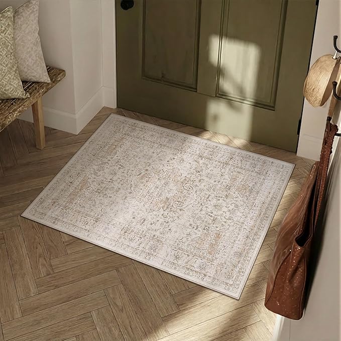2x3 Washable Area Rug Beige Vintage Non Slip Soft Low Pile Small Rug for Entryway Kitchen Bathroom Distressed Oriental Throw Carpet for Living Room Bedroom Home Decor