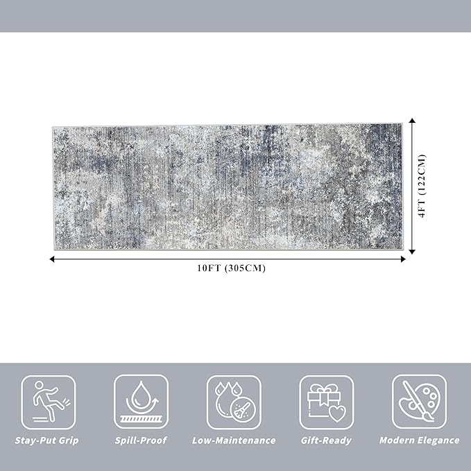 4x10ft Extra Wide Hallway Rug – Non-Slip Washable Large Carpet Runner for Kitchen, Indoor Entryway, Modern Abstract Low-Pile Thin Floor Mat for Bedroom, Living Room, Dining Room (Blue Grey,4x10)