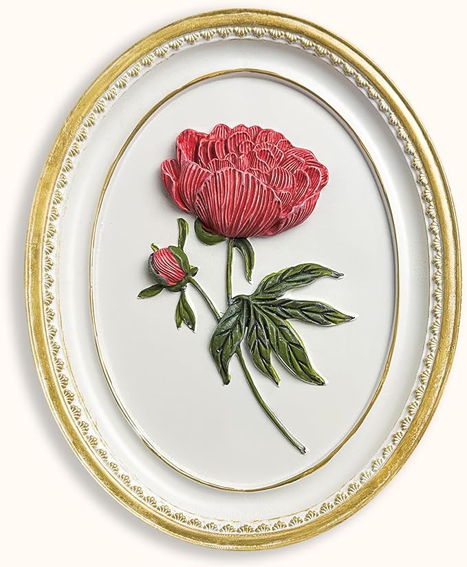 97 Decor Oval Vintage Wall Sculptures For Living Room - Handcrafted 3d Peony Floral Wall Art For Home Bedroom Decorations, Modern Sculpture Flower Art For Tabletop And Walls Hanging