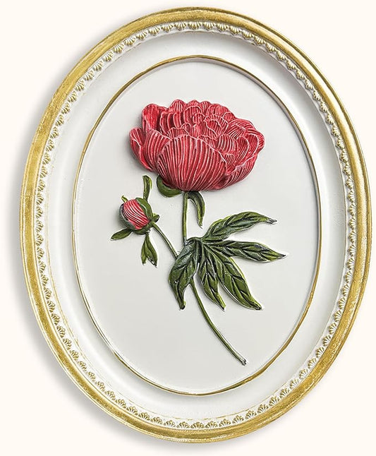 97 Decor Oval Vintage Wall Sculptures For Living Room - Handcrafted 3d Peony Floral Wall Art For Home Bedroom Decorations, Modern Sculpture Flower Art For Tabletop And Walls Hanging
