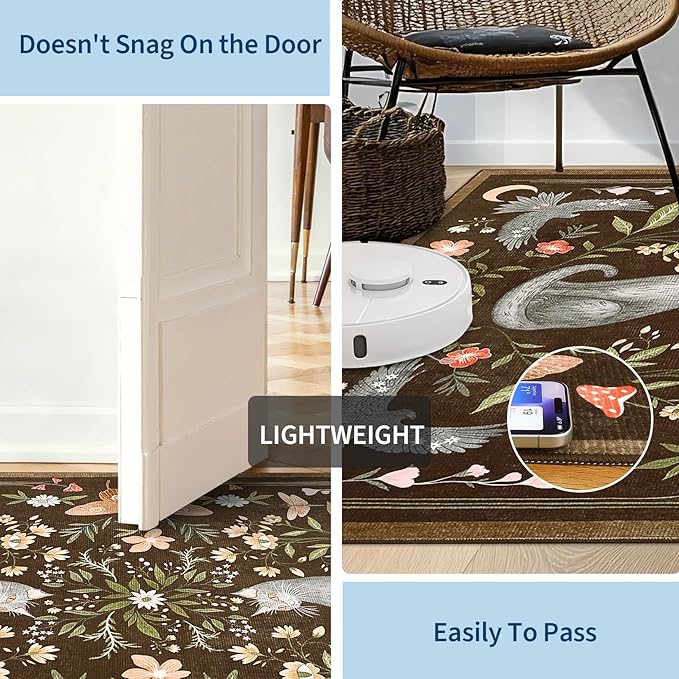 GarveeHome Cat Entryway Rug, 2x3 Mushroom Insect Brown Washable Front Door Rug Indoor Entrance Floral Carpet Non-Slip Low Pile Throw Rugs for Kitchen Floor, Powder Room, Entry, Bathroom, Kids Room