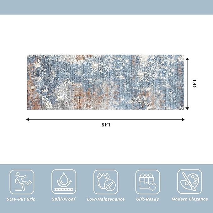 3x8 Washable Hallway Runner – Non-Slip Abstract Modern Neutral Wide Carpet Runner for Kitchen Floor, Entryway, Bedroom, Living Room – Soft Low-Pile Thin Rubber Backing (Blue Rust,3x8)