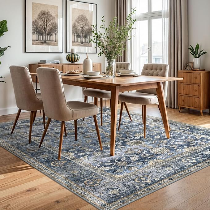 KUTA Vintage 5x7 Area Rugs Blue Grey Beige, Washable Rugs for Living Room Ultra Thin Soft Non-Slip Printed Distressed Tribal Traditional Farmhouse Carpet for Bedroom Dining Room Dorm Office Home