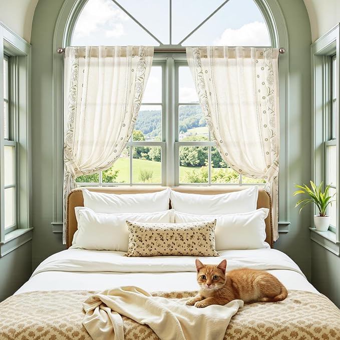 jinchan Winslow Linen Curtains 45 Inch Length Small Window Curtains Embroidered Bordered Floral Drapes Light Filtering for Bathroom Laundry Room Kitchen Farmhouse Decor Sage on Beige 2 Panels
